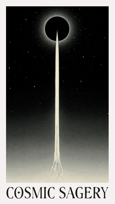 Cosmic Sagery card: a black eclipse in a starfield, a single luminous path descending and branching like roots