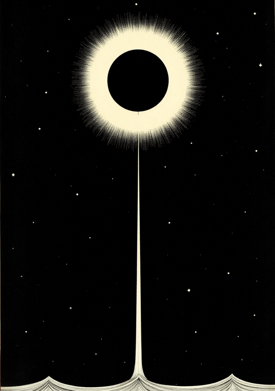 A black eclipse haloed by a radiating corona in a starfield, a single fine path descending to distant mountains